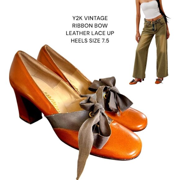 VINTAGE 90'S‎ Y2K LACE UP LEATHER COUTURIER BLOCK HEELS SZ. 7 1/2 - Picture 1 of 5